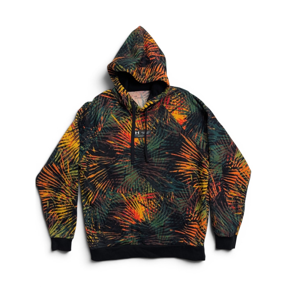 Under Armour Mens Hoodie Large Tropical Palm Leaf Print Pullover Black Multi